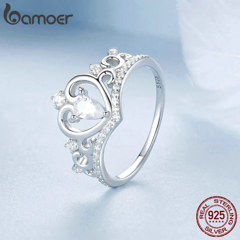 BAMOER 925 Sterling Silver Delicate Crown Ring Brilliant Zircon Heart Finger Ring for Women Girl Wedding Engagement Fine Jewelry