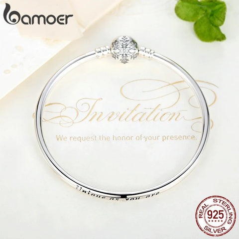 BAMOER Authentic 925 Sterling Silver Engrave Snowflake Clasp Unique as you are Snake Chain Bracelet & Bangle DIY Jewelry PAS915
