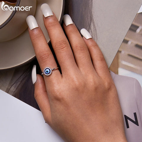 Bamoer 925 Sterling Silver Adjustable Resin Devil Eye Open Ring for Women Original Design Band Ring Fine Jewelry Wedding Gift