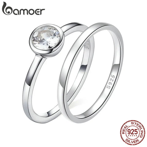 BAMOER 925 Sterling Silver Clear CZ Finger Ring Minimalist Women Engagement Wedding Basic Band Ring SCR535