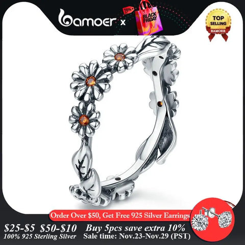 BAMOER Hot Sale 100% 925 Sterling Silver Twisted Daisy Flower Female Finger Rings for Women Wedding Silver Jewelry Anel SCR298