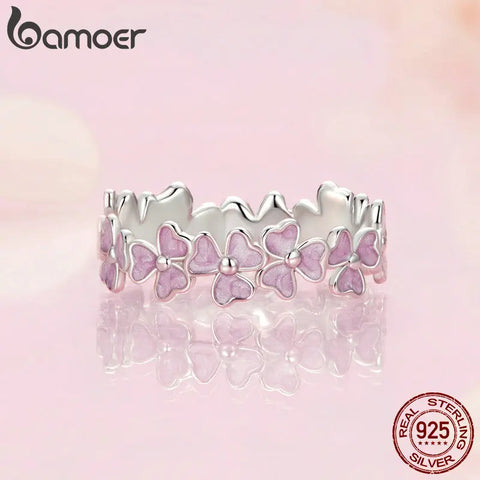 BAMOER 925 Sterling Silver Purple Flower Finger Ring Enamel Wreath Ring for Women Girls Birthday Gift Party Jewelry