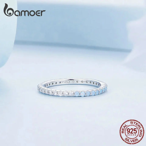 Bamoer 925 Sterling Silver Blue Simple Finger Ring Stackable Eternity Bands for Women Gift Platinum Plated Fine Jewelry BSR335