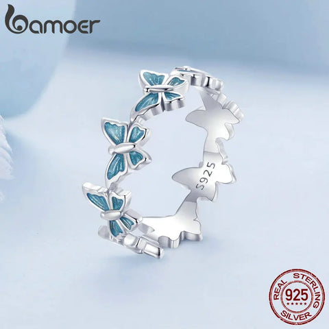 BAMOER 925 Sterling Silver Blue Enamel Mini Butterfly Ring for Women Girls Sweet Fine Jewelry Birthday Gift