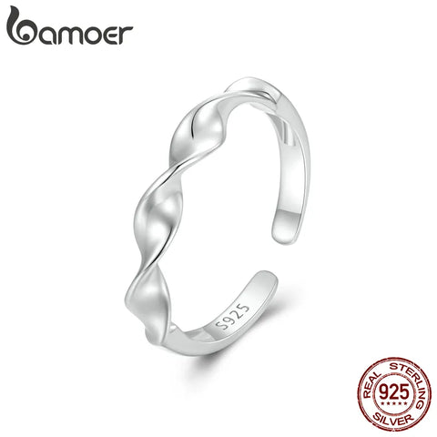 Bamoer 925 Sterling Silver Simple Twisted Opening Ring Sea Wave Adjustable Ring for Women Party Minimalist Fine Jewelry