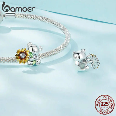 Bamoer 925 Sterling Silver Animal Charm Beads for Charm Bracelet Sunshine Bear DIY Jewelry Accessories SCC2560