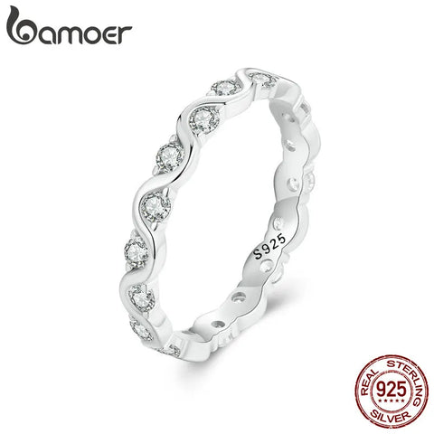 BAMOER 925 Sterling Silver Fashion Finger Ring Cubic Zirconia Band for Women Birthday Gift Simple Fine Jewelry