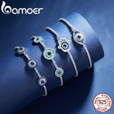 Bamoer 925 Sterling Silver Round Devil's Eye Tennis Bracelet Lucky Fatima's Guarding Hand Chain Bracelet for Women Fine Jewelry
