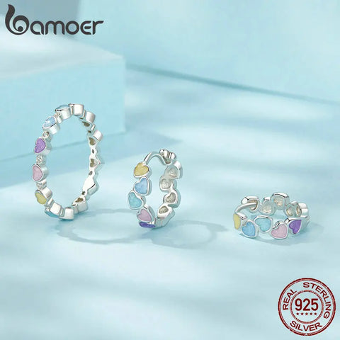 BAMOER 925 Sterling Silver Rainbow Heart Finger Ring Stackable Zircon Ring for Women Trendy Fashion Jewelry Gift