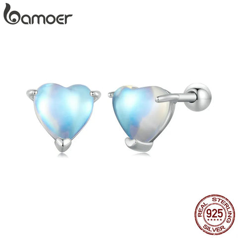 Bamoer 925 Sterling Silver Heart Shape Moonstone Stud Earrings Crystal Love Earrings Platinum Plated for Women Girls SCE1629