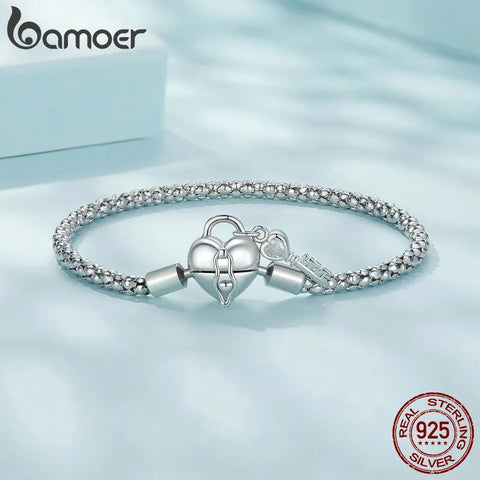 Bamoer 925 Sterling Silver Heart Lock and Key Buckles Basic Chain Bracelet Platinum Plated for Women Valentine's Day Gift SCB259