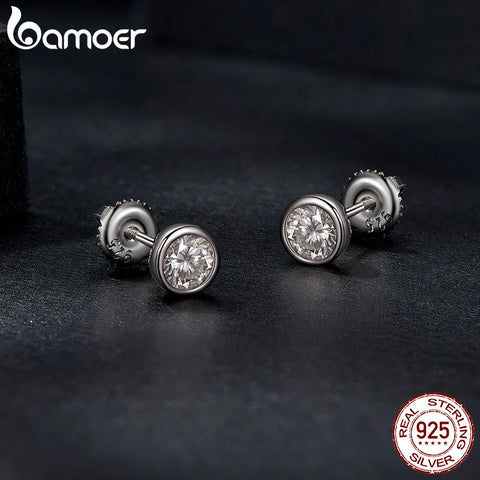 BAMOER 925 Sterling Silver Bezel Moissanite Stud Earrings Round Cut Lab Diamond Earrings for Women Wedding Jewelry Gift