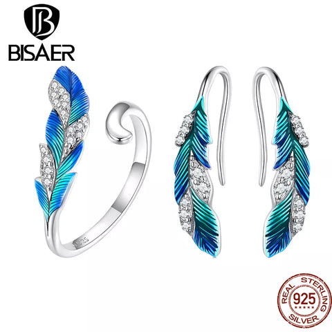 BISAER 925 Sterling Silver Blue Feather Jewelry Set Earrings Adjustable Ring Plated Platinum For Women Elegant Fine Jewelry Gift