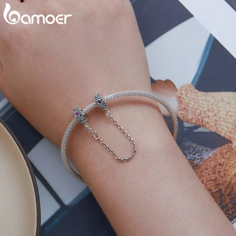 Bamoer 925 Sterling Silver Rose Flower Garland Safety Chain Pink Heart CZ Stopper Charms for Women Bracelet DIY Fine Jewelry