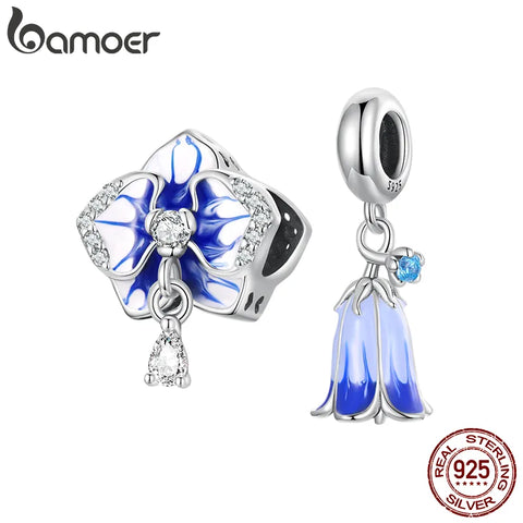 Bamoer 925 Sterling Silver Blue Harebells Pendant fit for DIY Making Bracelet & Bangle Butterfly Orchid Charms Fine Jewelry