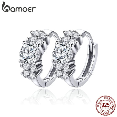 BAMOER 925 Sterling Silver Clear Cubic Zircon Hoop Earrings Luxury Crystal Ear Buckles for Women Wedding Fine Jewelry SCE485