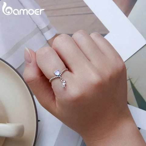 Bamoer 925 Sterling Silver Pink Zircon Cute Little Bear Balloon Finger Ring Heart-shaped Balloon Ring for Women Original Design