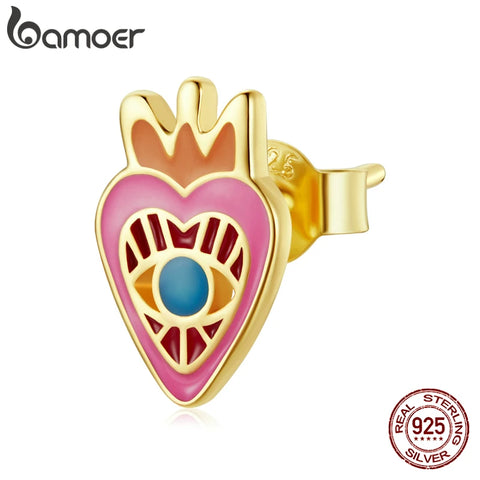 bamoer 1Piece Gold Enamel Rainbow Earring 925 Sterling Silver Love Eye Earring Red Lip Snake Sunflower Pink Lightning Earring