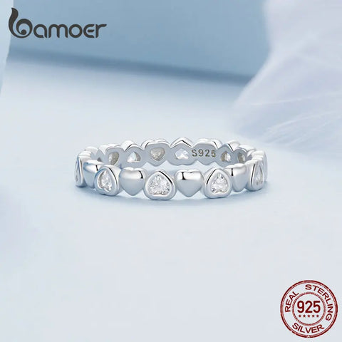 Bamoer 925 Sterling Silver Heart Shape Zircon Finger Ring Platinum Plated for Women Valentine's Day Birthday Gift Fine Jewery