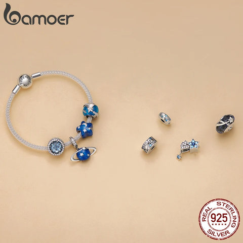 Bamoer 925 Sterling Silver Universe Series Star & Moon Beads Blue Planet Pendant Charms for Women Bracelet DIY Fine Jewelry Gift