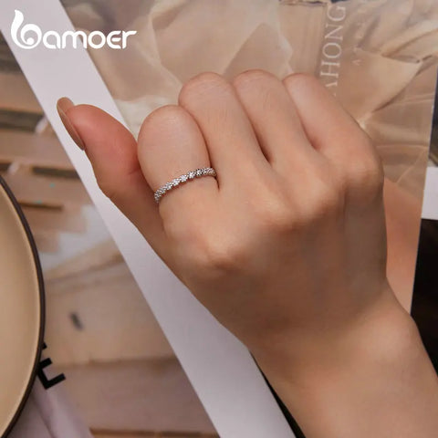 Bamoer 925 Sterling Silver Clear Zircon Wreath Finger Ring Flower Rings for Women Birthday Gift Fashion Fine Jewelry BSR346