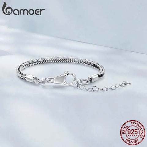 BAMOER Authentic 925 Sterling Silver Snake Charm Chain with 4 Style Lobster Clasp DIY Charm Bracelets BSB148
