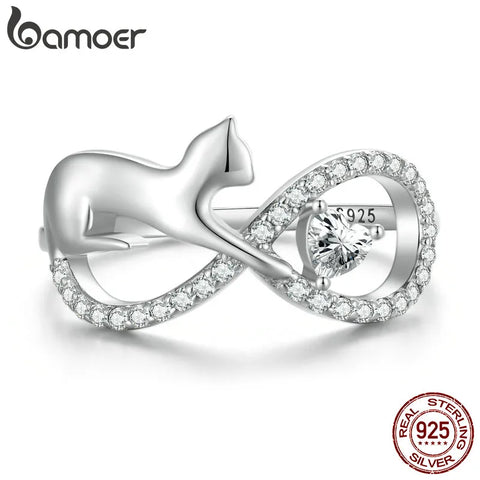 Bamoer 925 Sterling Silver Cute Cat Finger Ring Infinite Symbol Ring for Women Birthday Gift Pave Setting CZ Fine Jewelry SCR918
