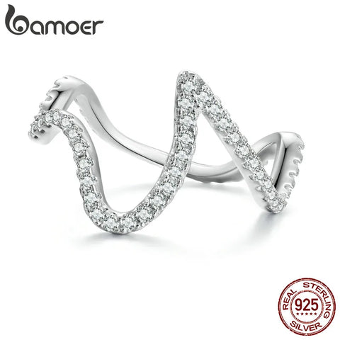 Bamoer 925 Sterling Silver Original Design Irregular Geometric Finger Ring Pave Setting CZ for Women Birthday Gift BSR314