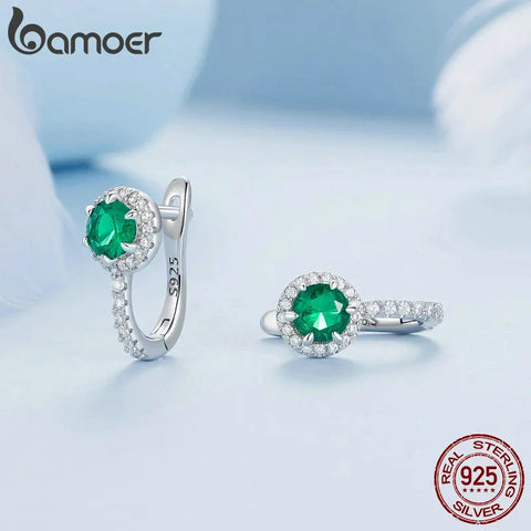 BAMOER Platinum Plated Green Cubic Zirconia 925 Sterling Silver Hoop Earrings, Elegant Solitaire Round Huggie Fashion Earrings