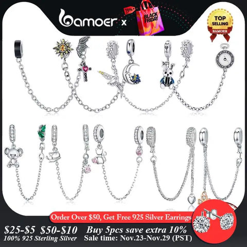 Bamoer 925 Sterling Silve Safety Chain Charms Collection for Women Original Silver Snake Bracelet DIY Fine Jewelry Accessories