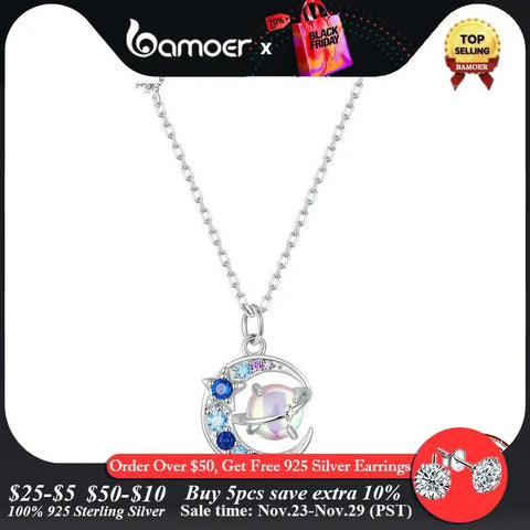 BAMOER Planet Necklace 925 Sterling Silver Star Moon Saturn Universe Space Pendant Birthday Jewelry Gifts for Women Girls