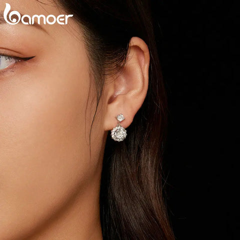 Bamoer 925 Sterling Silver Sweet Moissanite Stud Earrings Flower Drop Earrings for Women Wedding Engagement Jewelry Gift MSE028