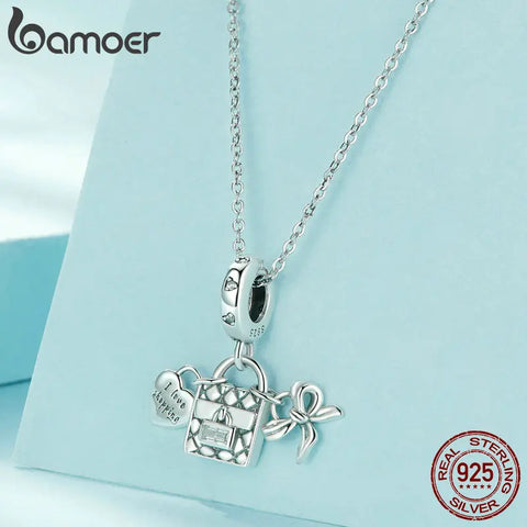 BAMOER 925 Sterling Silver I Love Shopping Charms Bag and Bowknot Beads Fit Original Bracelets Women DIY Jewelry Accessories