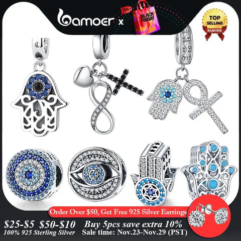 Bamoer 925 Sterling Silver Evil Eyes Beads Fatima Hand Hamsa Hand Dangle Charm Beads fit Bracelets & Bangles Infinity Charm
