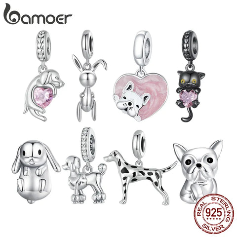 Bamoer 925 Sterling Silver Lovely Pet Series Poodle Hanging Bead Bulldog Charms for Women Bracelet and Necklace DIY Fine Jewelry