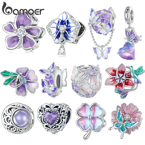 Bamoer 925 Sterling Silver Purple Enamel Flower Beads Clear Zircon Charms for Women Original Bracelet Fine Jewelry SCC2459