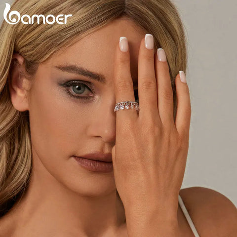 BAMOER 925 Sterling Silver Exquisite Tassel Opening Ring Mini Zircon Pendant Adjustable Ring for Women Party