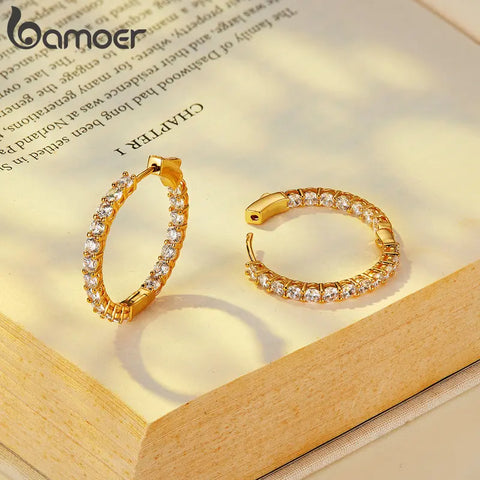 BAMOER 14K Gold Plated Hoop Earrings Big Round Loops Earrings Dainty Halo CZ Women Ear Jewelry