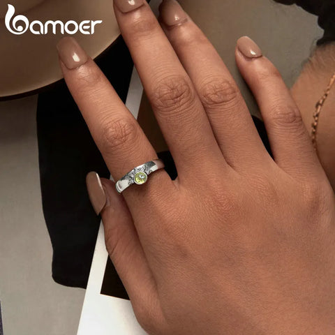 Bamoer 925 Sterling Silver Sun and Moon Stackable Opening Ring Couple Ring for Women Chic Fine Jewelry for Couple