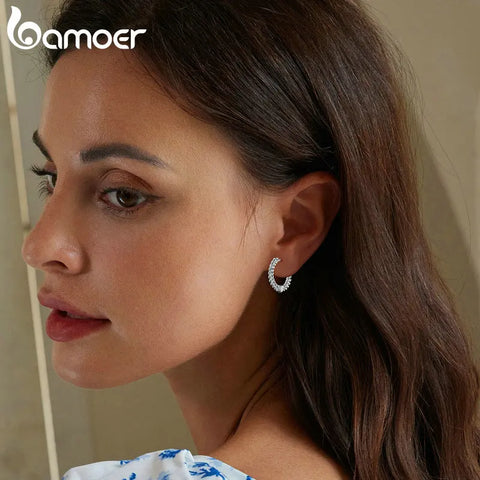 Bamoer 925 Sterling Silver Twisted Chain Ear Buckles Simple Punk Style Silver Hoop Earrings for Women Fine Jewelry
