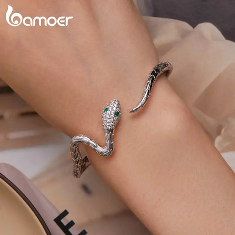 Bamoer Authentic Green Zircon Snake Opening Bracelet Animal Cuff Bracelet Pave Setting CZ for Women Fashion Jewelry YIB058