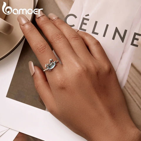 Bamoer 925 Sterling Silver Cute Crab Open Size Ring for Women Delicate Blue Stone Ring Fine Jewelry Summer Beach Party Gift