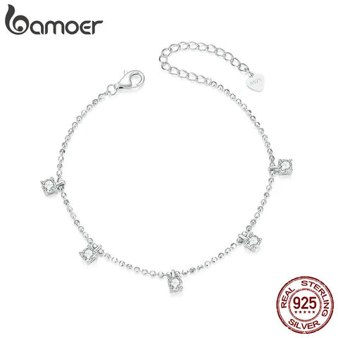 BAMOER 925 Sterling Silver Sparkling Zircon Pendant Bracelet Beads Chain Link for Women Anniversary Birthday Gift Fine Jewelry
