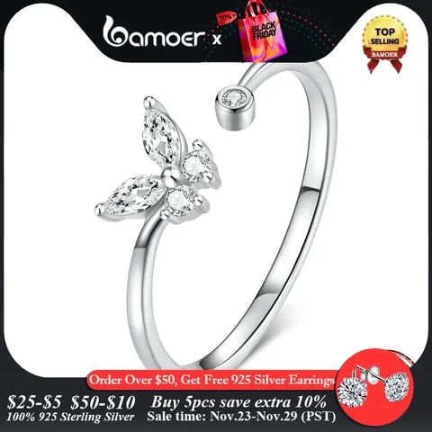 bamoer Silver Butterfly Tail Ring Open Ring Trendy Jewelry Dazzling Adjustable Ring Anillos for Girl Women Fine Jewelry BSR178
