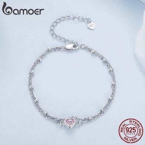 Bamoer 925 Sterling Silver Double Layer Bracelet Barbie Pink Heart Adjustable Chain Link for Women Valentine's Day Gift