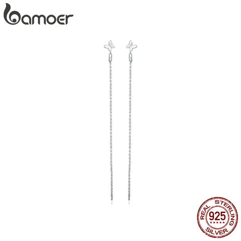 Bamoer 925 Sterling Silver Butterfly Stud Earrings Long Tassel Drop Earrings for Women Engagement Gift Fine Jewelry