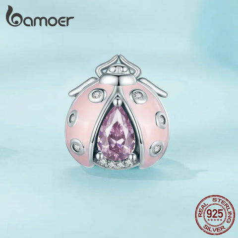Bamoer 925 Sterling Silver Pink Enamel Ladybird Beads Pink Zircon Ladybug Charms for Women Bracelet and Bangle DIY Fine Jewelry