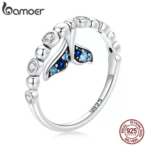 Bamoer New 925 Sterling Silver Shining Fishtail Female Ring Size 6/7/8 Stackable Bubble Ring Women Statement Jewelry Gift