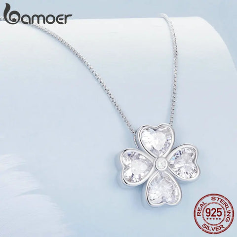 Bamoer 925 Sterling Silver Heart Shapped Lucky Four Leaf Clover Pendant Necklace Black Love Cross Neck Chain for Women
