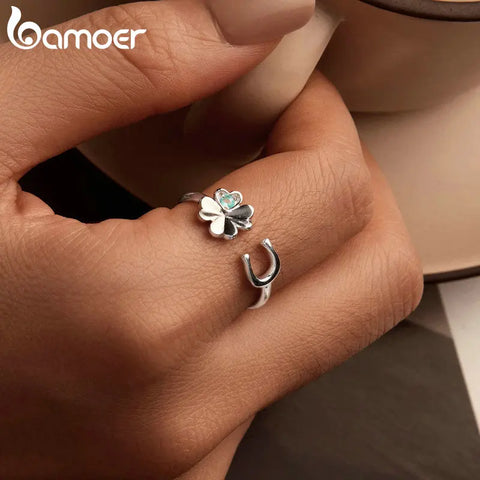 BAMOER 925 Sterling Silver Lucky Four-Leaf Clover Adjustable Ring Horseshoe Opening Ring for Women Original Design Fine Jewelry